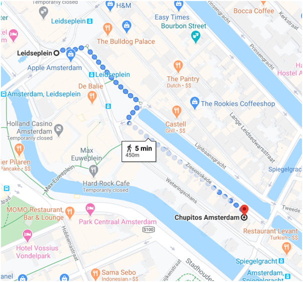 Map from Leidseplein to Chupitos